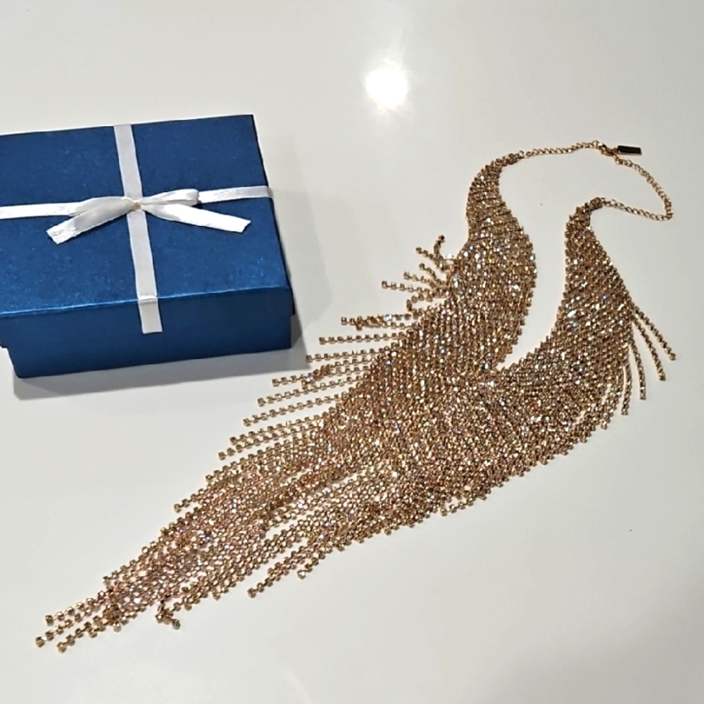 Elegant Gold Fringe Necklace Rhinestones.   "Off Park Collection"